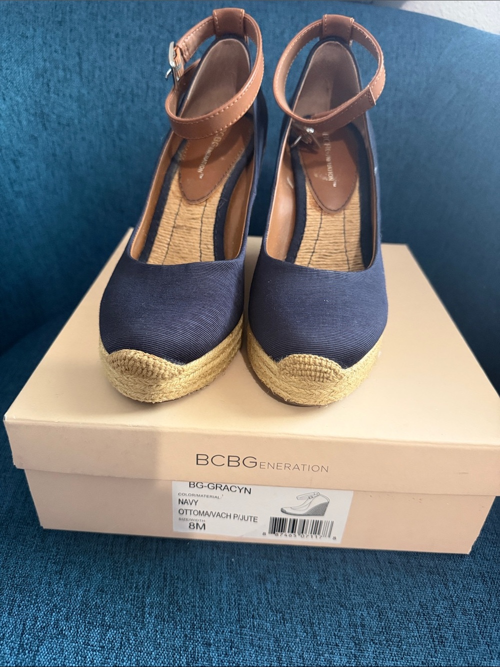 BCBGeneration Navy Wedge Espadrille with Brown Ankle Strap